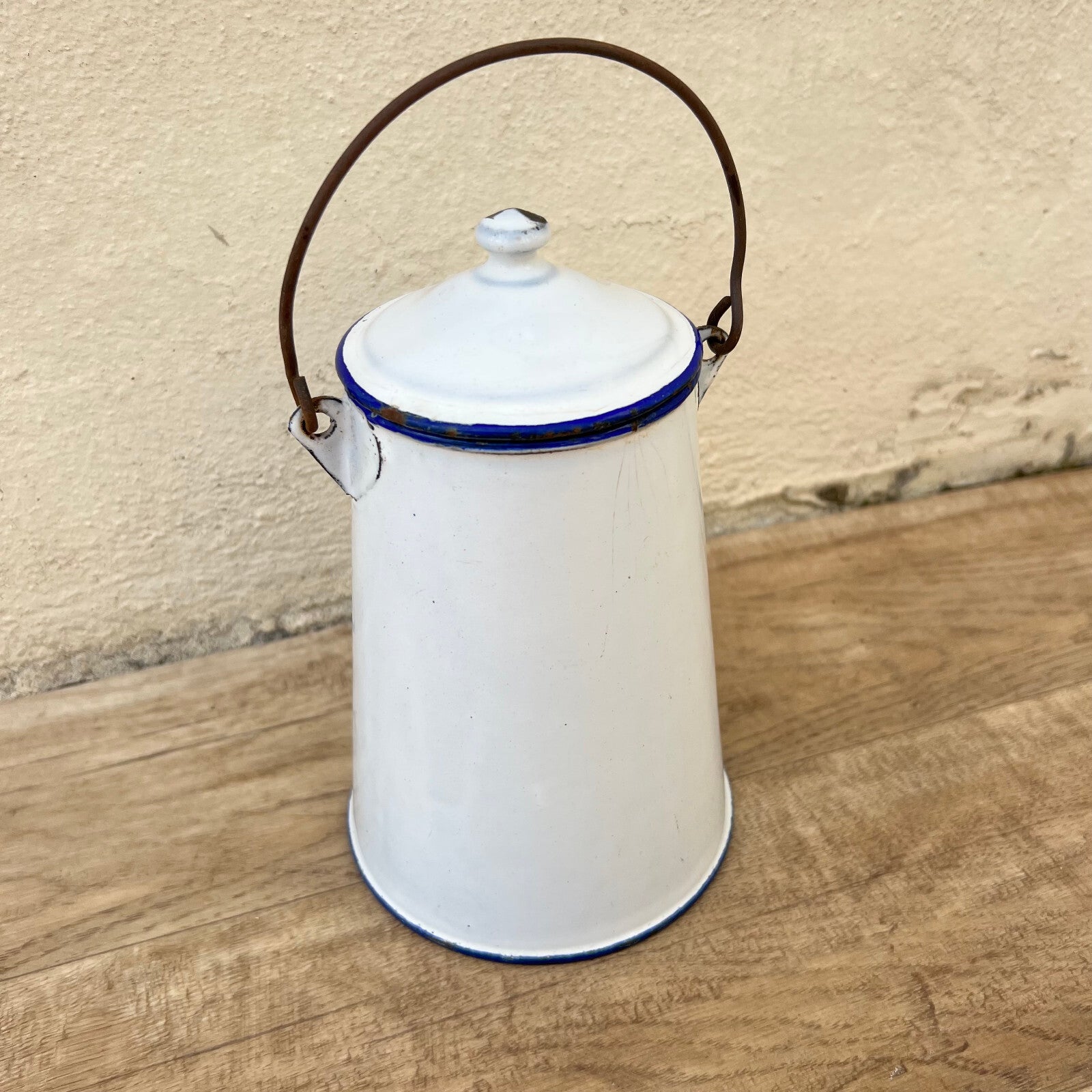 Vintage French Enamelware Coffee Pot White Blue Rim Wire Handle 3009223 Fleamarketfrance