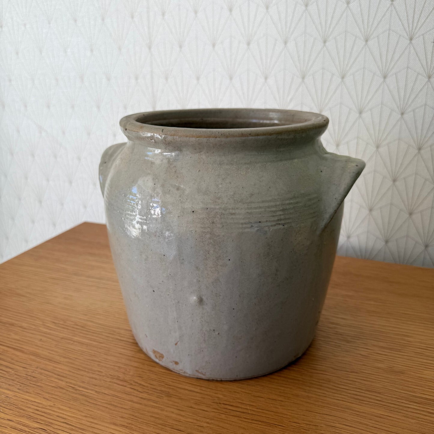 Handmade Glazed Grey Vintage French Confit Grease Pot Stoneware  2205251