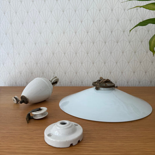 French vintage Rise and fall pendant light with opaline lampshade 0711253