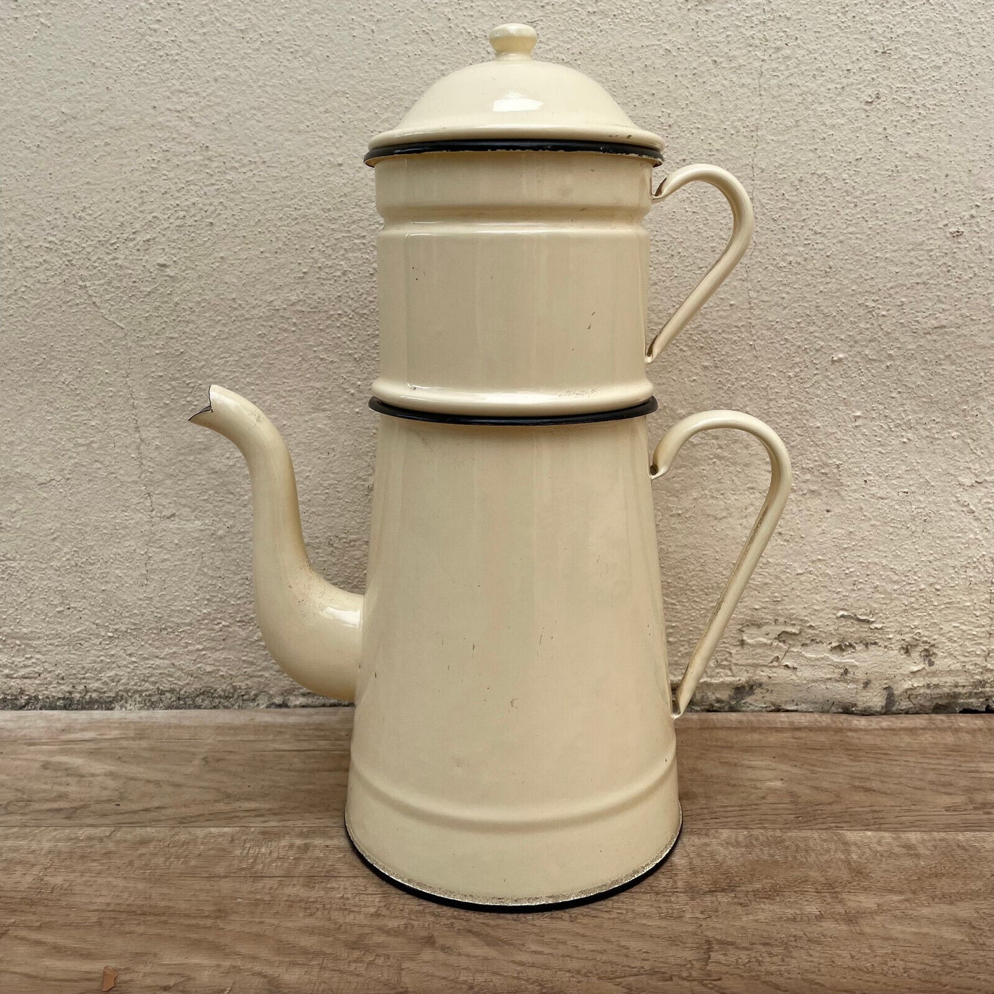 TALL Vintage French Enamelware Enameled Beige Enamel Coffee Pot 18032510