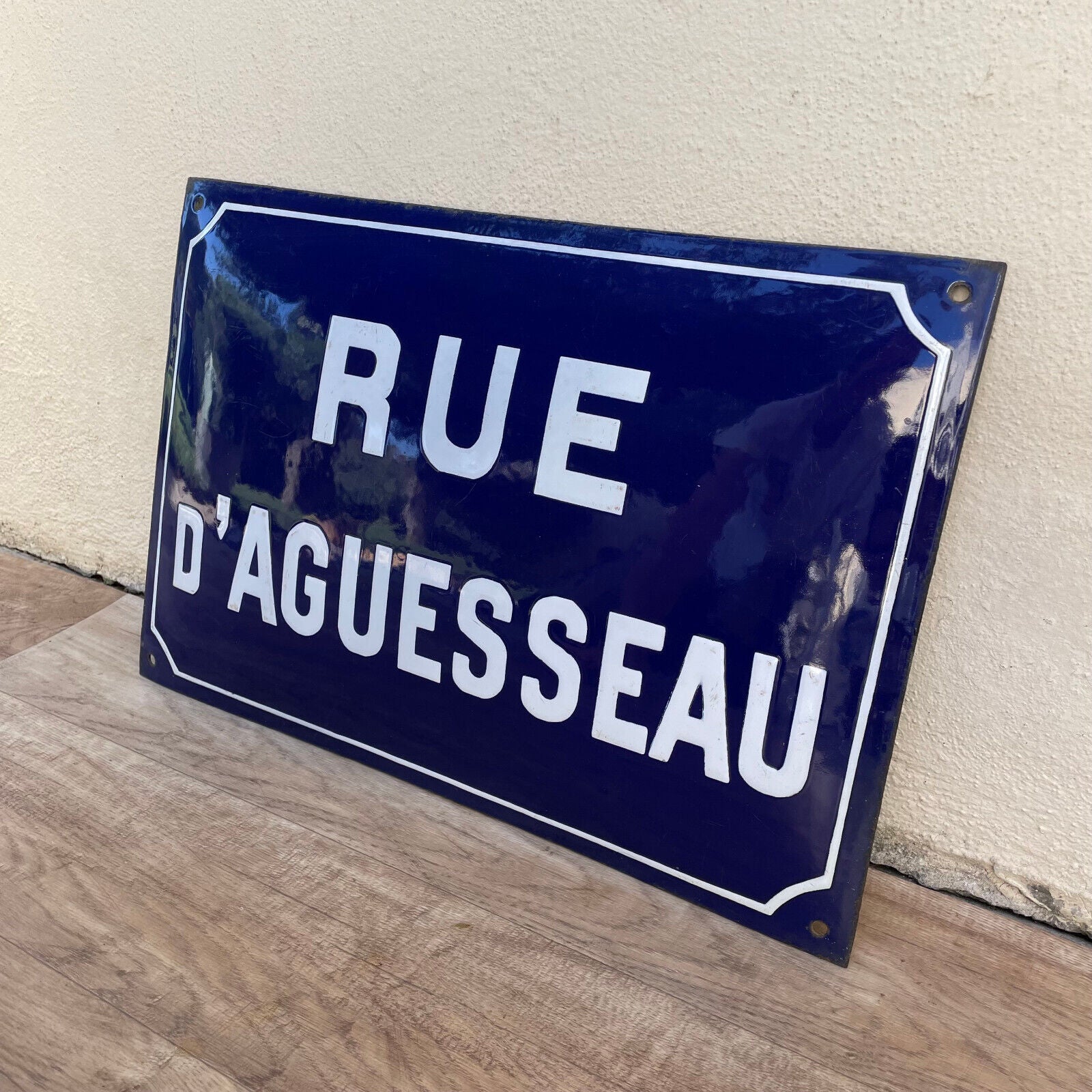 Old French Street Enameled Sign Plaque arched bombed - vintage AGUESSEAU 1501253 - Fleamarketfrance