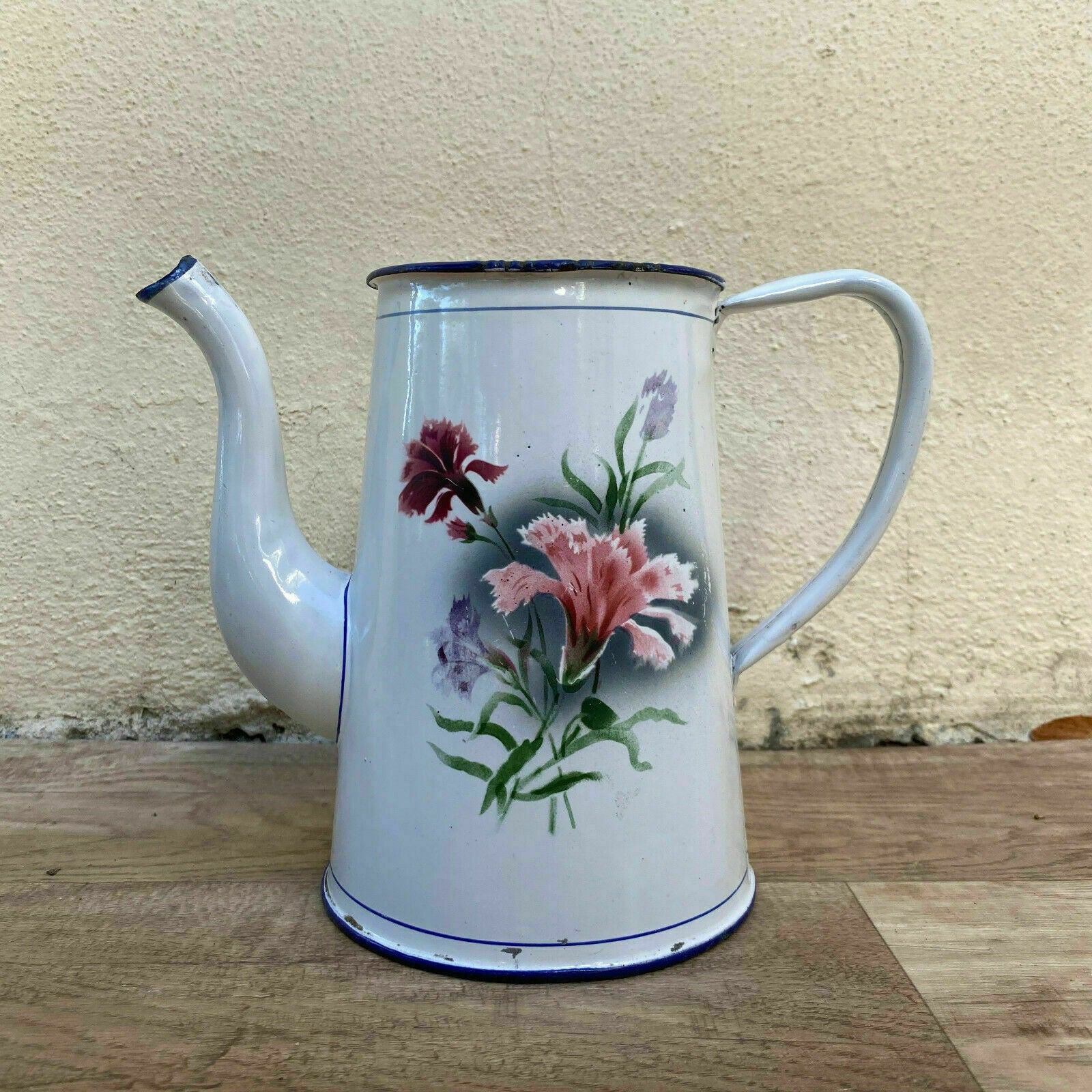 Vintage French Enamelware enameled white flowers Enamel Coffee Pot 30012116 - Fleamarketfrance