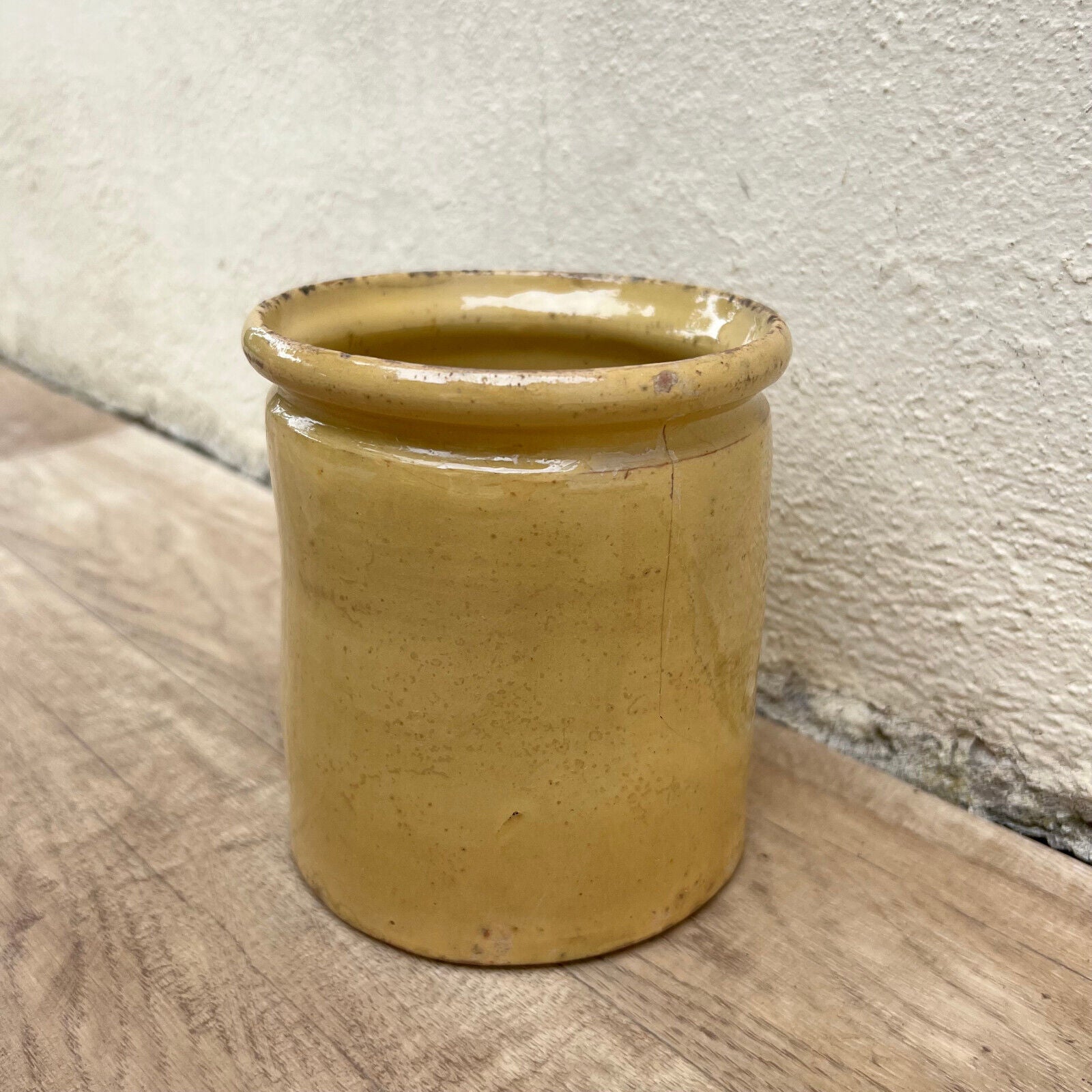 HANDMADE GLAZED YELLOW ANTIQUE FRENCH CONFIT JAM POT SMALL TERRACOTTA 5" 1107222 - Fleamarketfrance