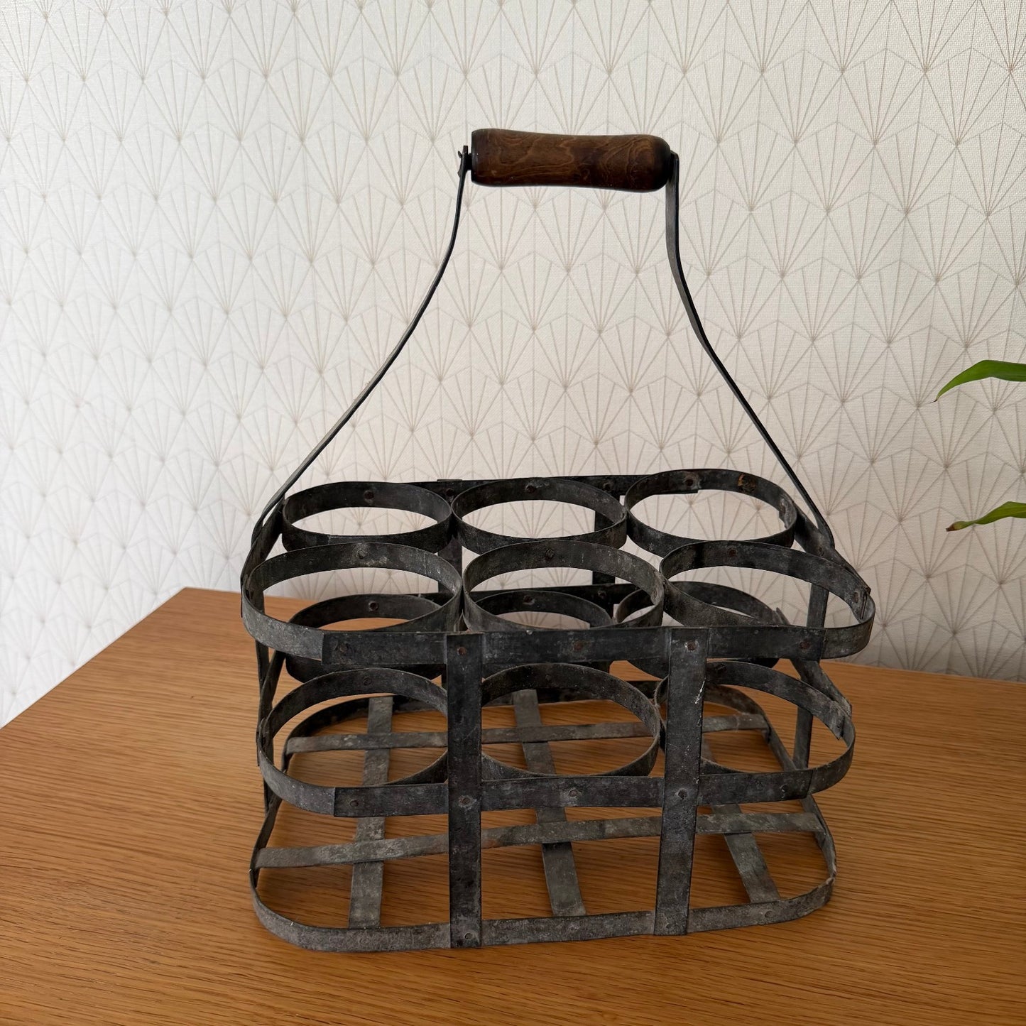 VINTAGE FRENCH Handmade Zinc Metalware 6 Bottle Wine Carrier Basket 08102512