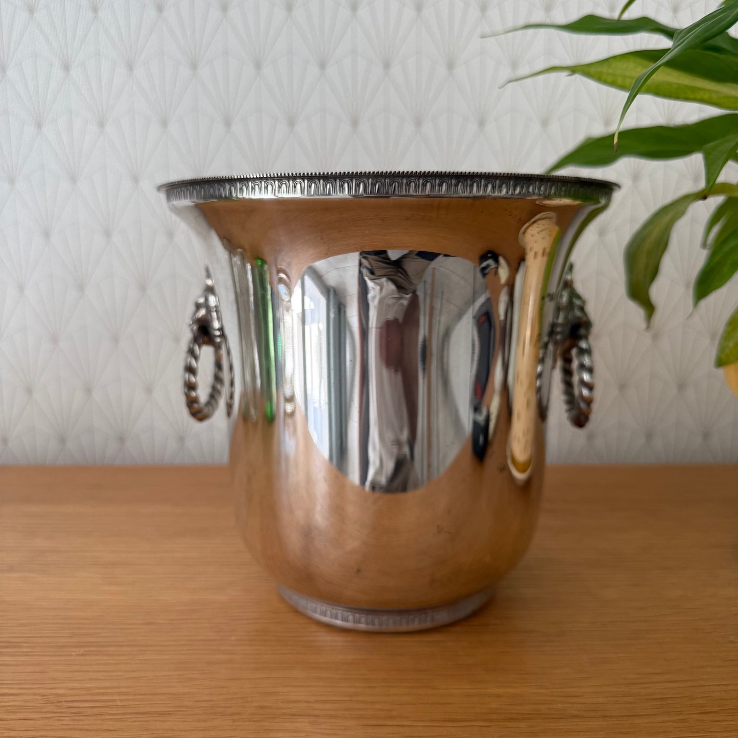 Vintage French Champagne Silverplate Ice Bucket Cooler Lion Head Handles 1907256