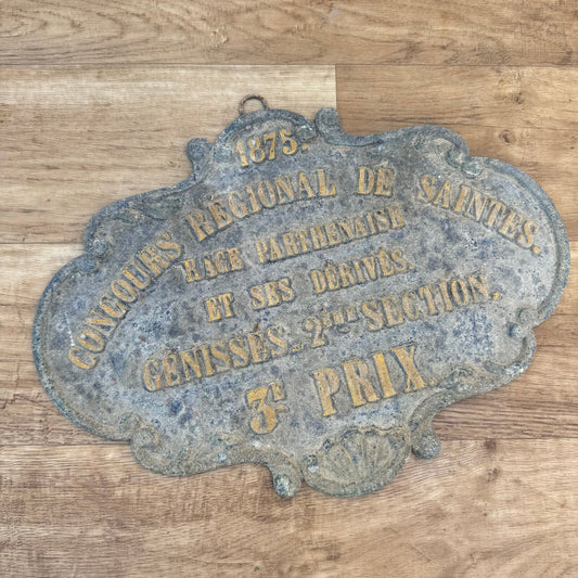 FRENCH VINTAGE AGRICULTURE PLAQUE TROPHY AWARD ANIMALS PRIZE SIGN 1875 2507245 - Fleamarketfrance