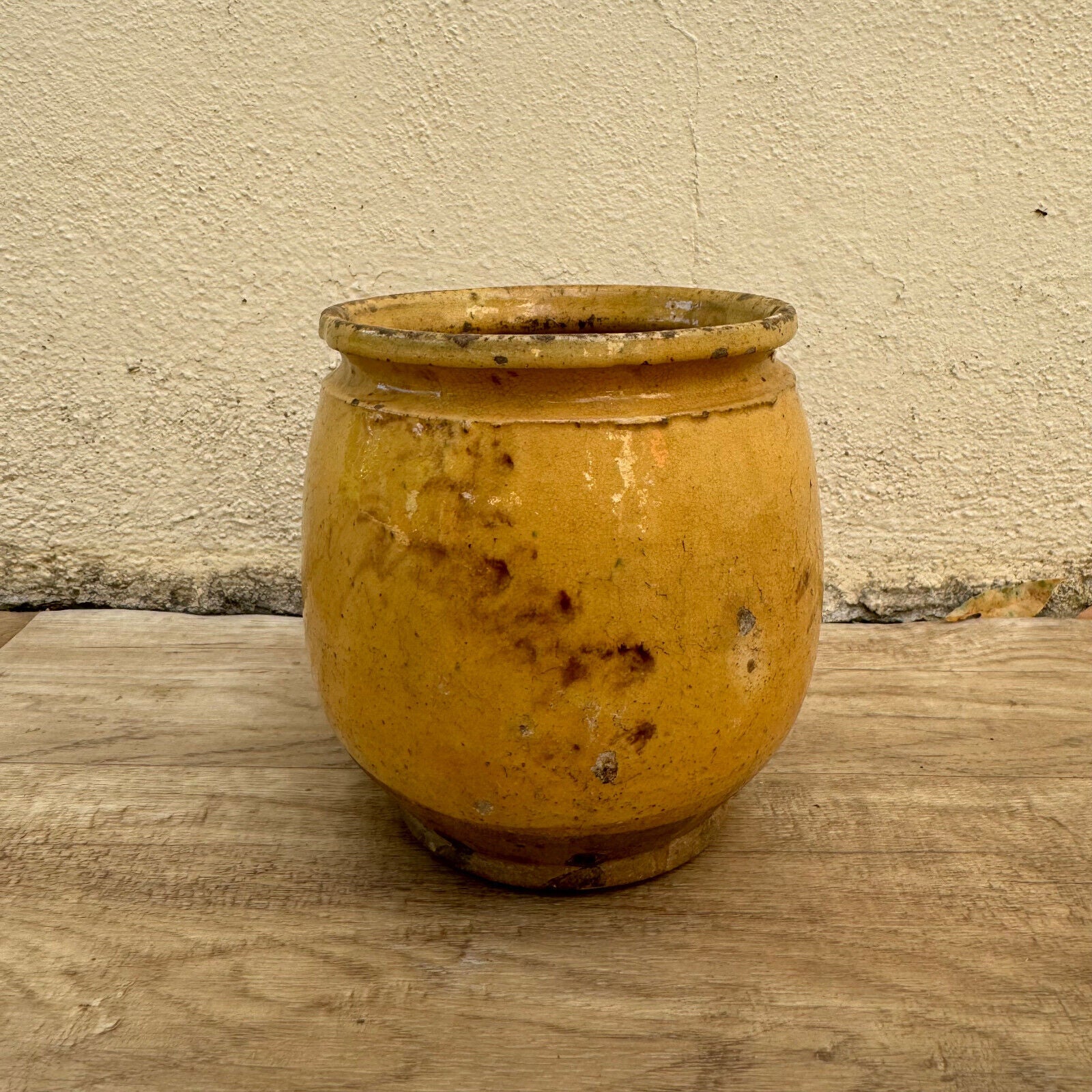 HANDMADE GLAZED YELLOW ANTIQUE FRENCH CONFIT POT SMALL TERRACOTTA 5 3/4" 3008243 - Fleamarketfrance