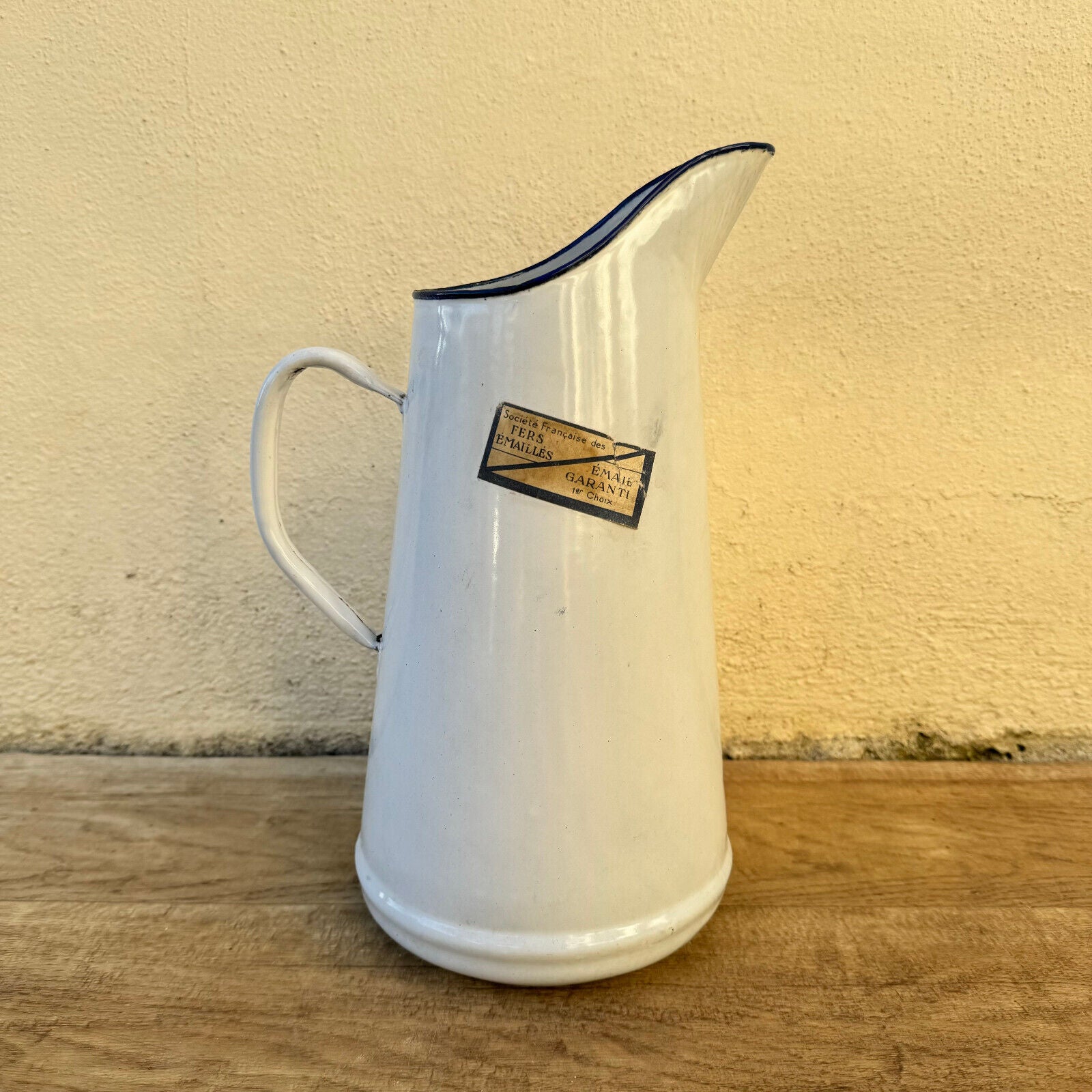 Vintage French Enamel Pitcher Jug Water Enameled White with Tag 1302255 - Fleamarketfrance