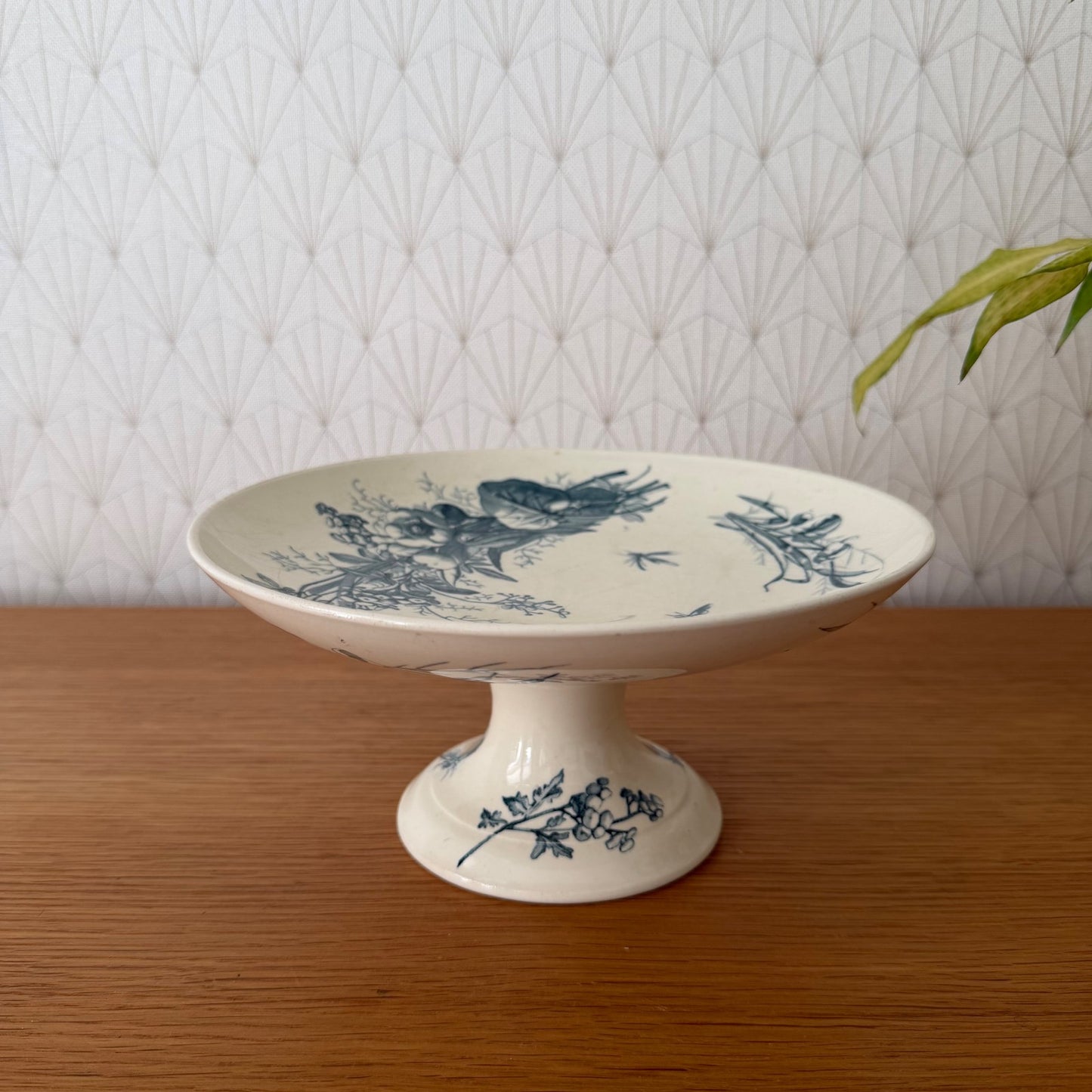 French Antique Luneville Compote Pedestal Dish Blue Floral Birds 0708264 Unmarked