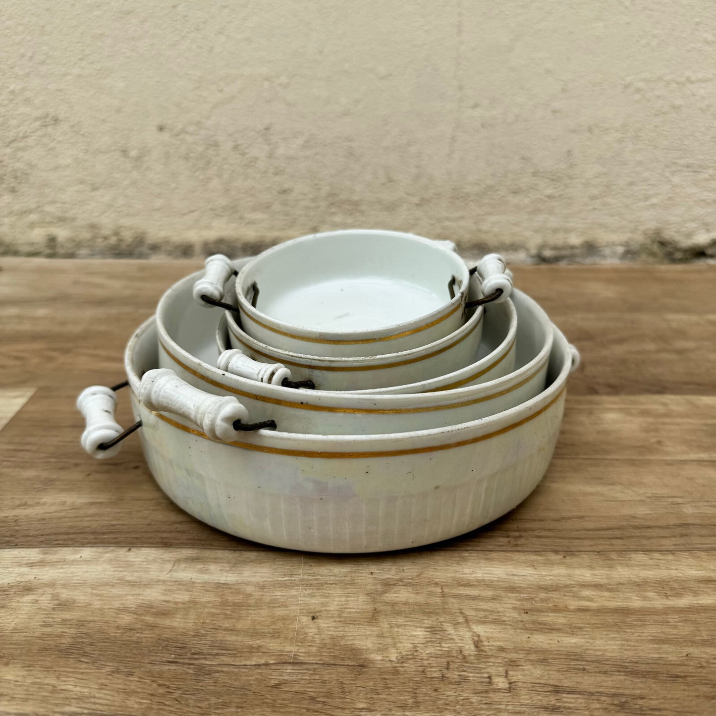 French Porcelain Pans SET 5 flowers handles mother of pearl 0605247 Unbranded