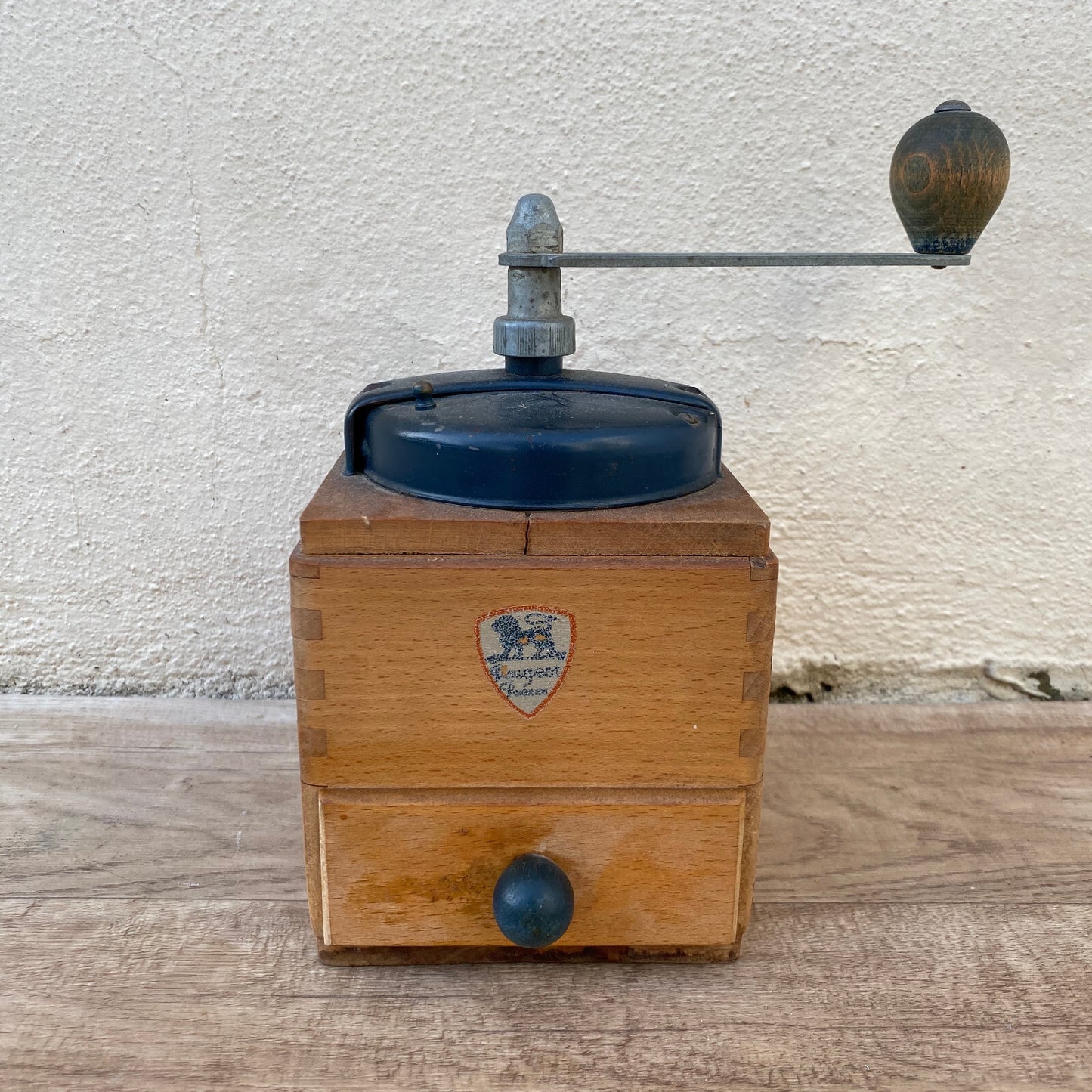 Vintage Peugeot Coffee Grinder French Blue Cast Iron Wood Mill 05082222 Peugeot Freres