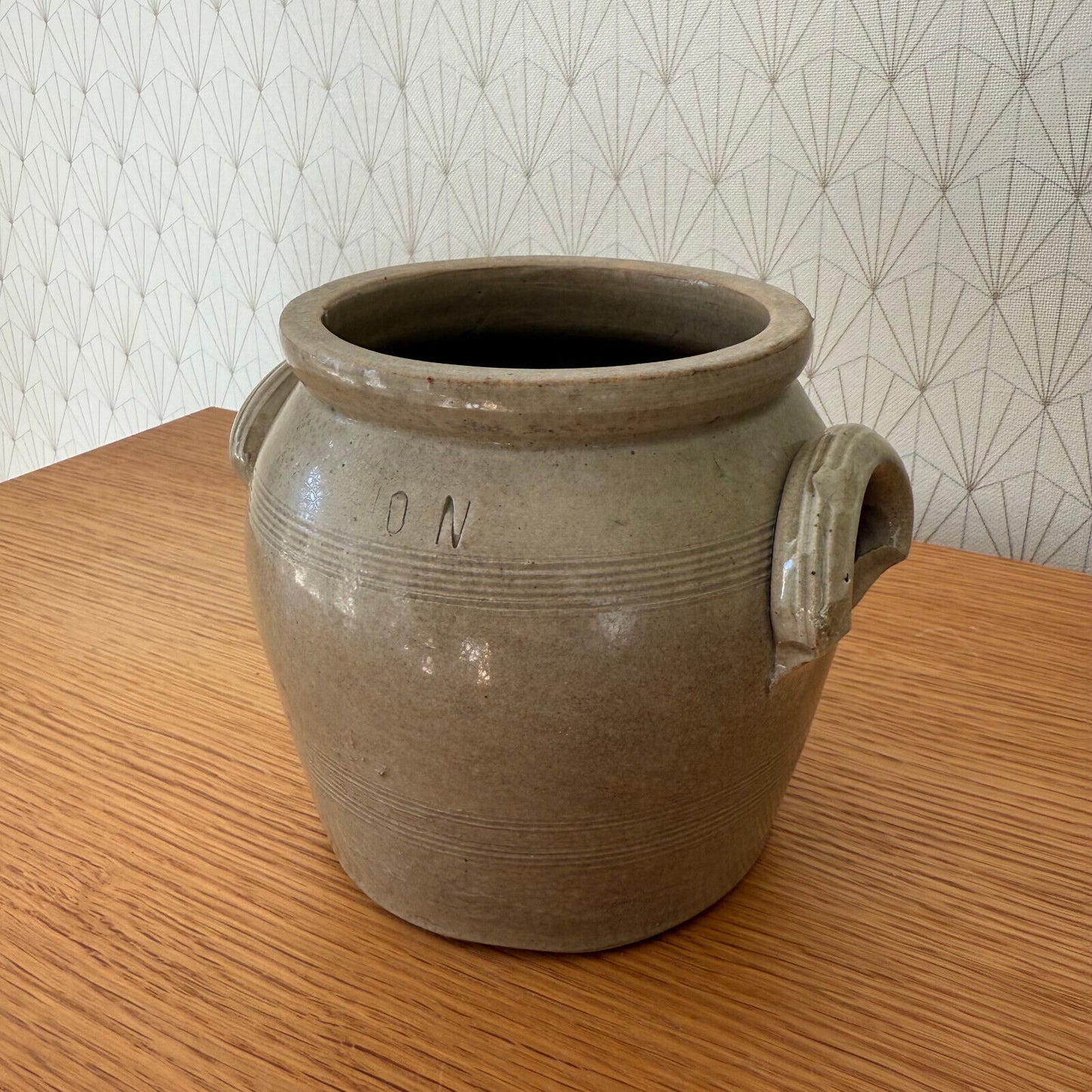 Handmade Glazed Grey Beige Vintage French Confit Grease Pot Stoneware  0902259 - Fleamarketfrance