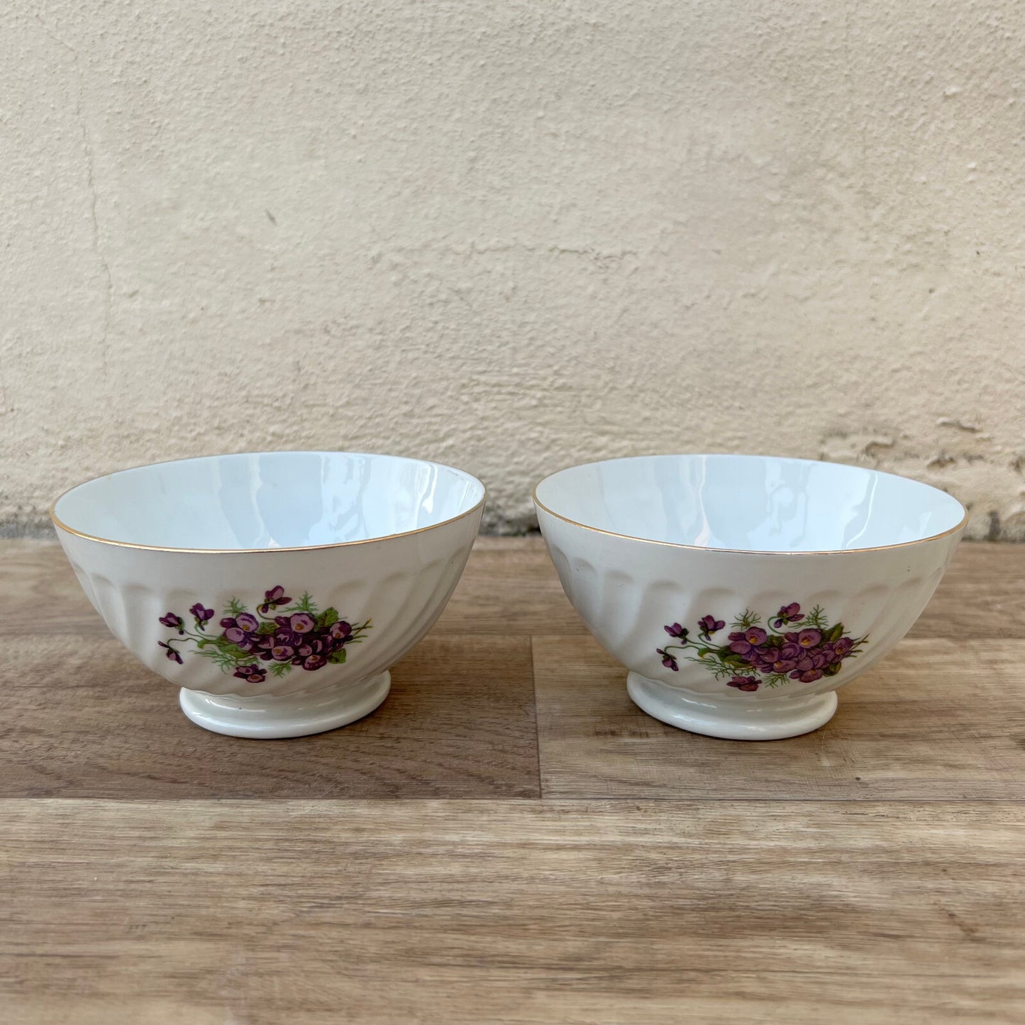 French Porcelain Bowls Violet Floral Vintage Breakfast Set of 2 12102424 Unbranded