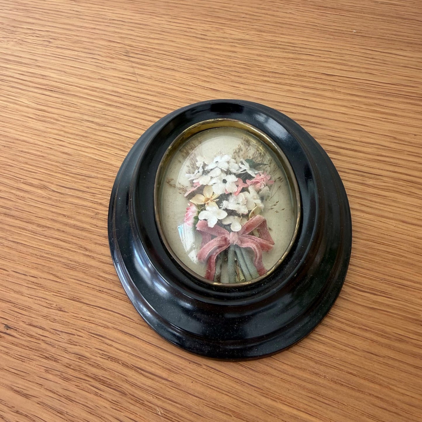 Antique French Napoleon III Reliquary Black Wood Frame Fabric Flowers 2203262 Fleamarketfrance