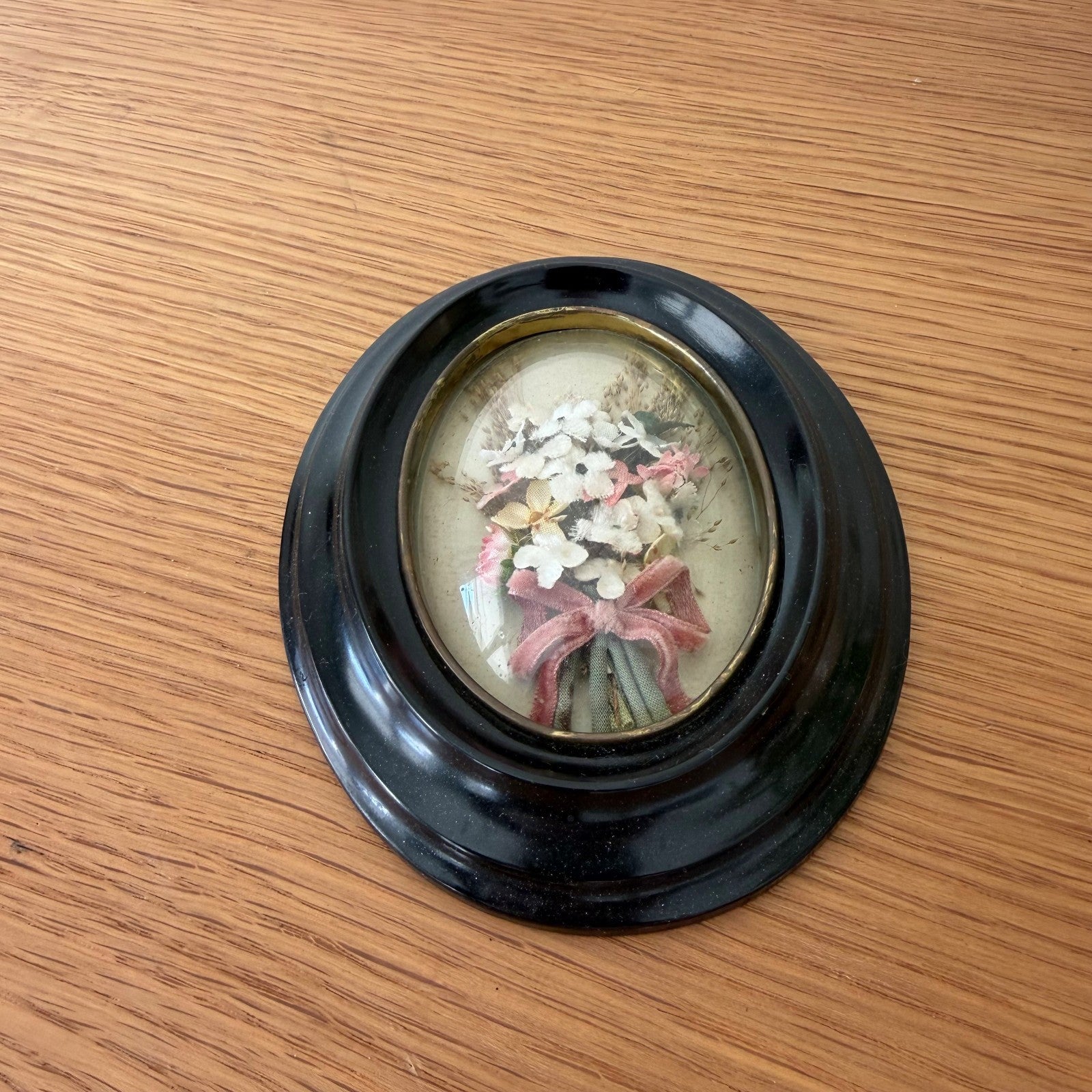 Antique French Napoleon III Reliquary Black Wood Frame Fabric Flowers 2203262 Fleamarketfrance