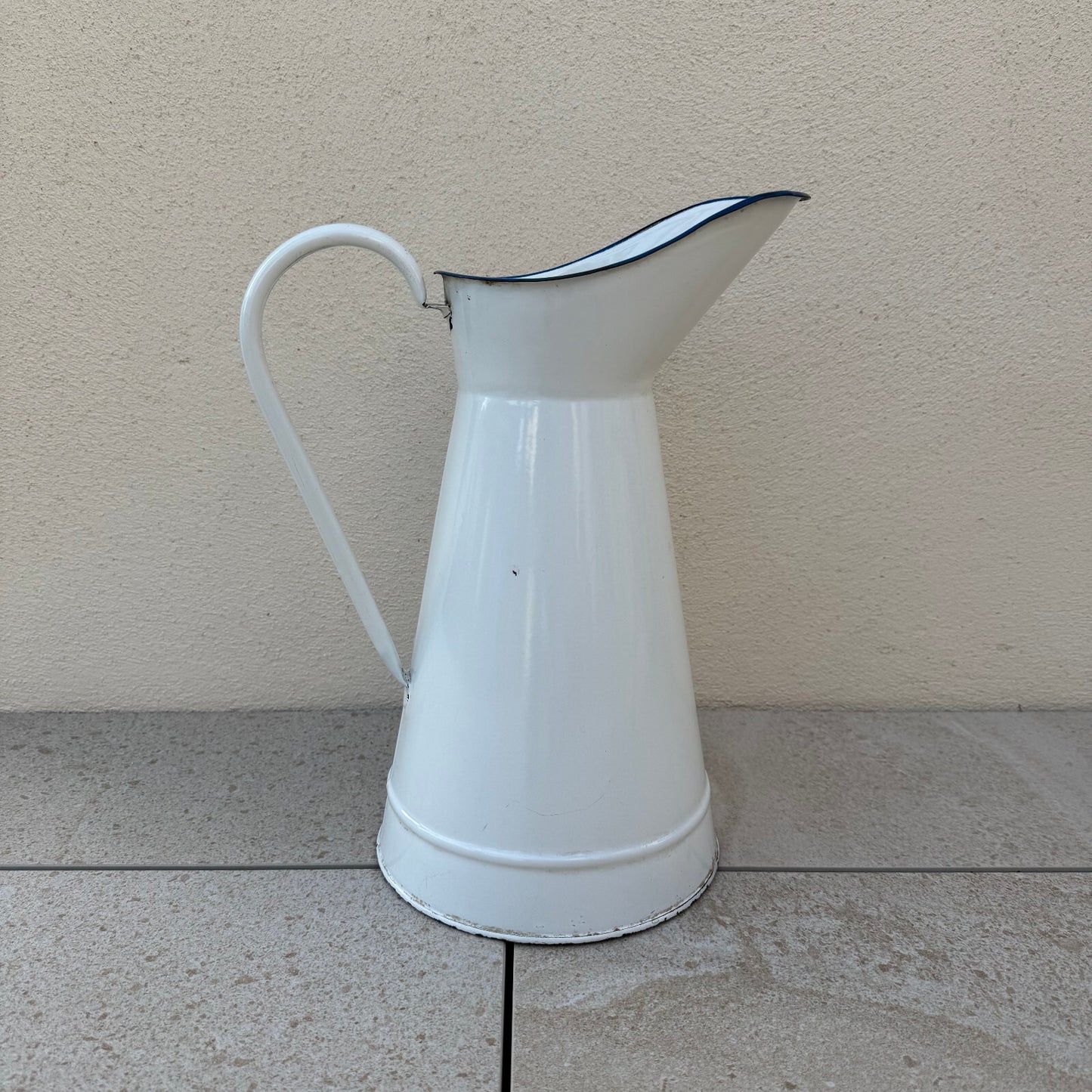 French Enamelware Pitcher White Blue Rim Vintage Water Jug 37cm 2205259 Fleamarketfrance