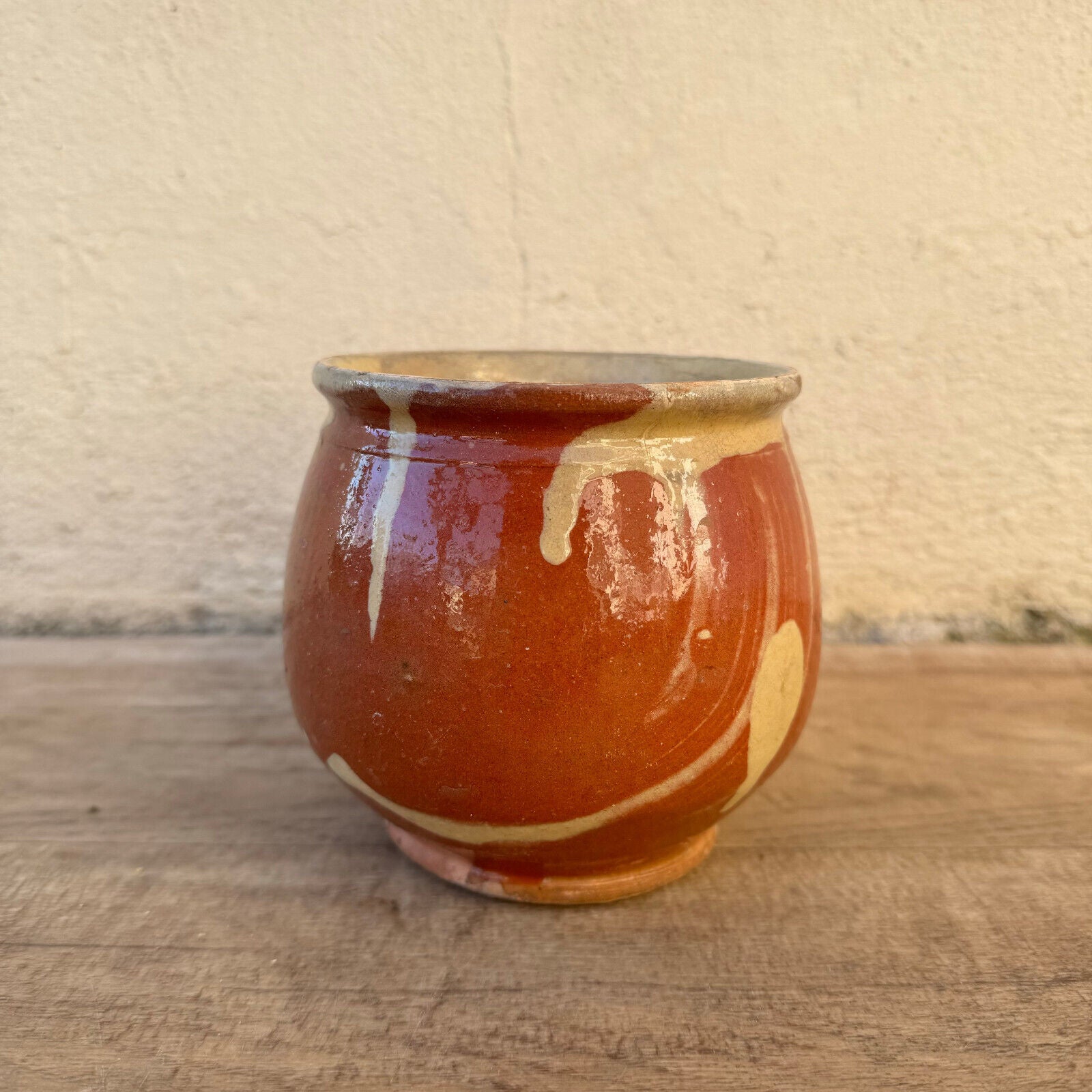 HANDMADE GLAZED RED YELLOW ANTIQUE FRENCH HONEY POT TERRACOTTA 12022510 - Fleamarketfrance