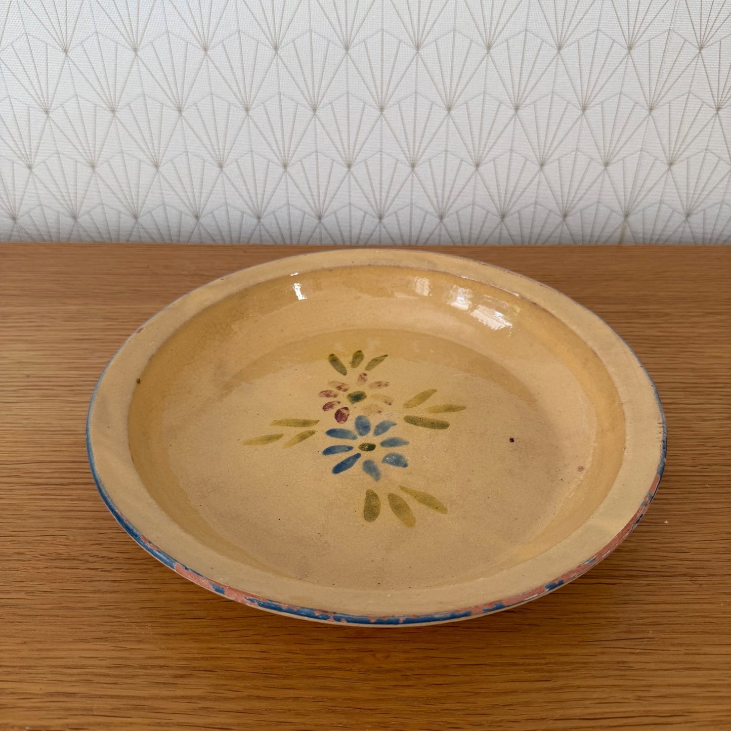 Antique French Terracotta Plate Ochre Glaze Floral Decor 04092627