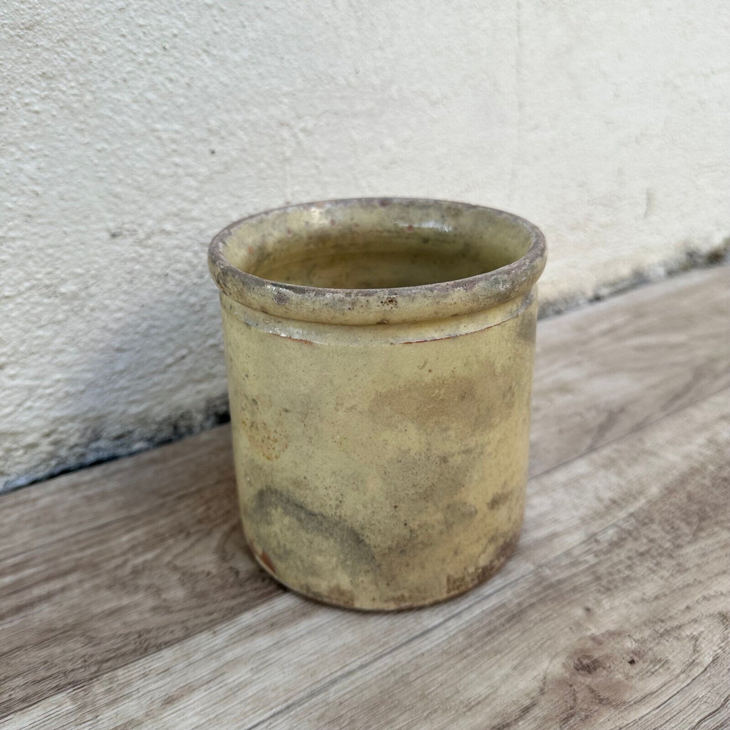 HANDMADE GLAZED BEIGE YELLOW ANTIQUE FRENCH JAM POT CONFIT 0503253 - Fleamarketfrance