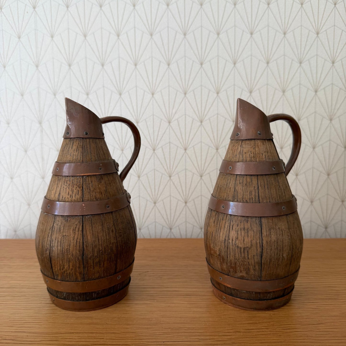 Antique French Wooden Wine Pitchers Staved Wood Metal Cider Jugs 0405261 Fleamarketfrance