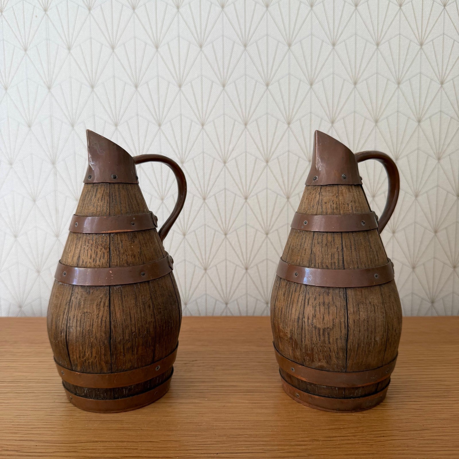Antique French Wooden Wine Pitchers Staved Wood Metal Cider Jugs 0405261 Fleamarketfrance