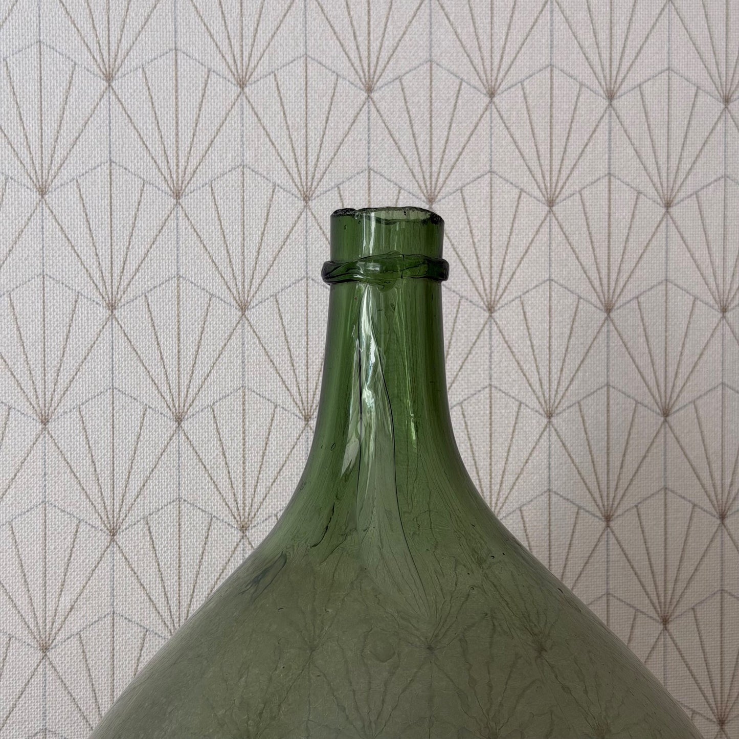 Antique French Dame Jeanne glass demijohn bottle neck and opening detail