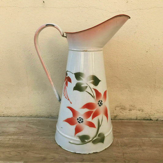 French enamelware pitcher white floral vintage water jug enameled 2601182 Unbranded