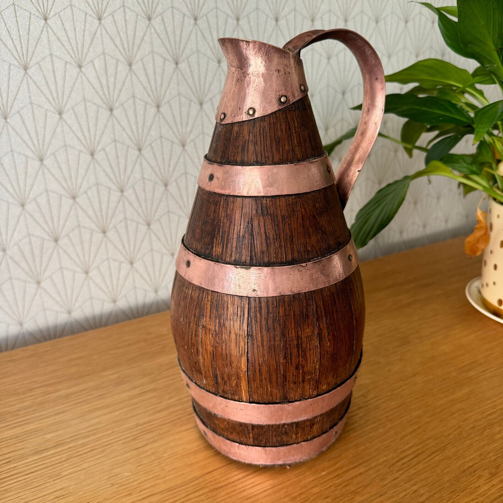 Vintage French Wooden Wine Cider Jug Pitcher Staved Wood Metal 11 1/2" 19062411 - Fleamarketfrance