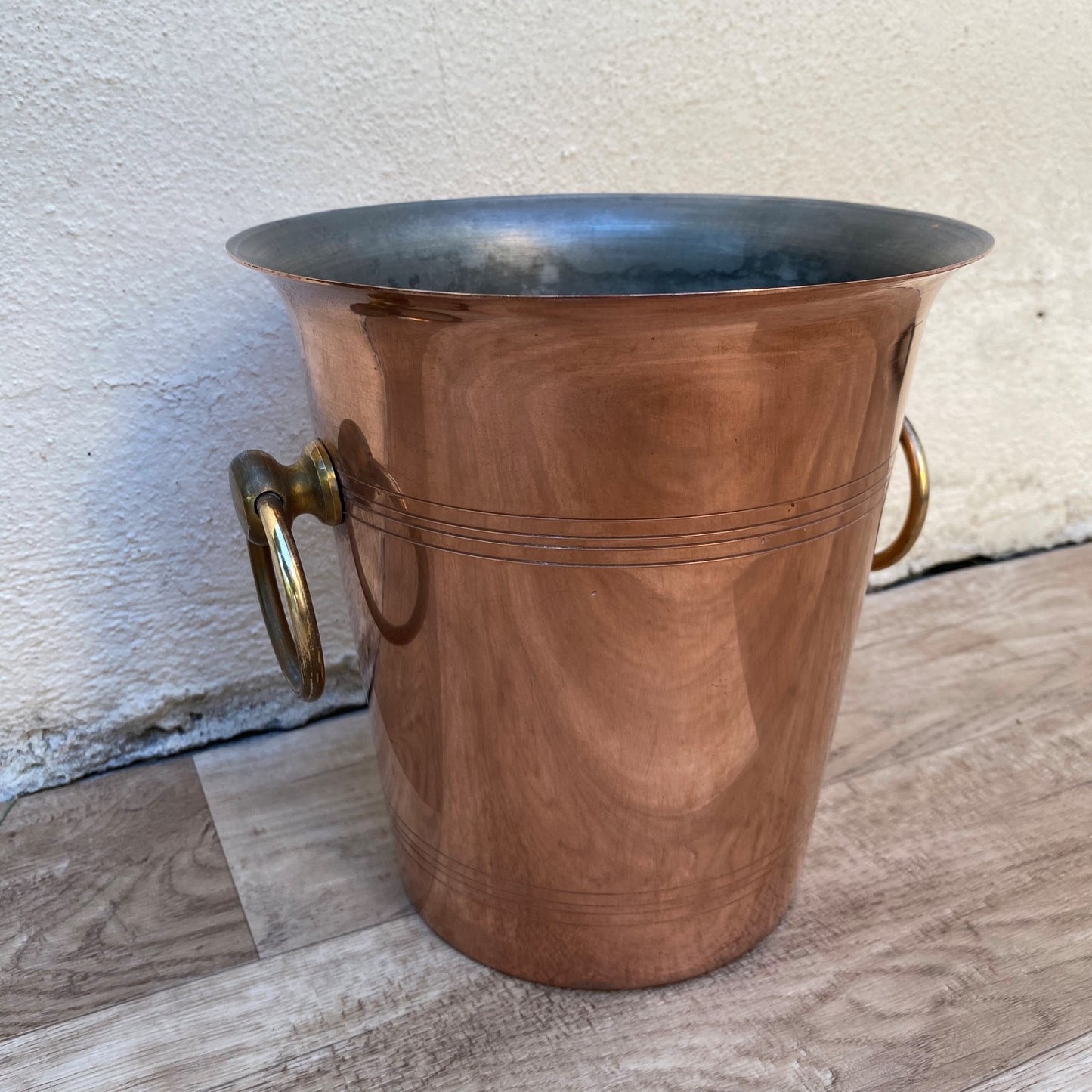 French Vintage Copper Champagne Ice Bucket Brass Rings Metaux Ouvres 04072615 Rothschild