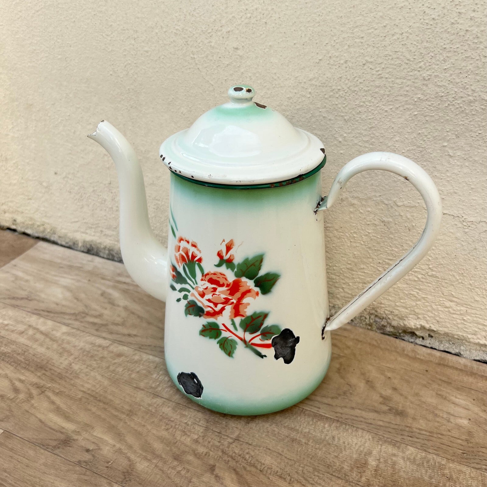 French Enamel Coffee Pot Rose Floral Vintage Green White 26052216 White