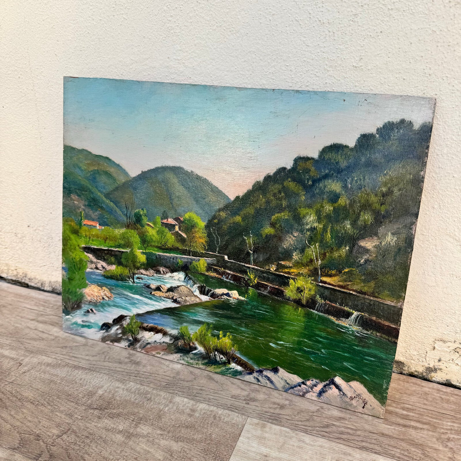 Vintage French Oil Painting Ardeche River Bridge Landscape Signed 0706247 Fleamarketfrance