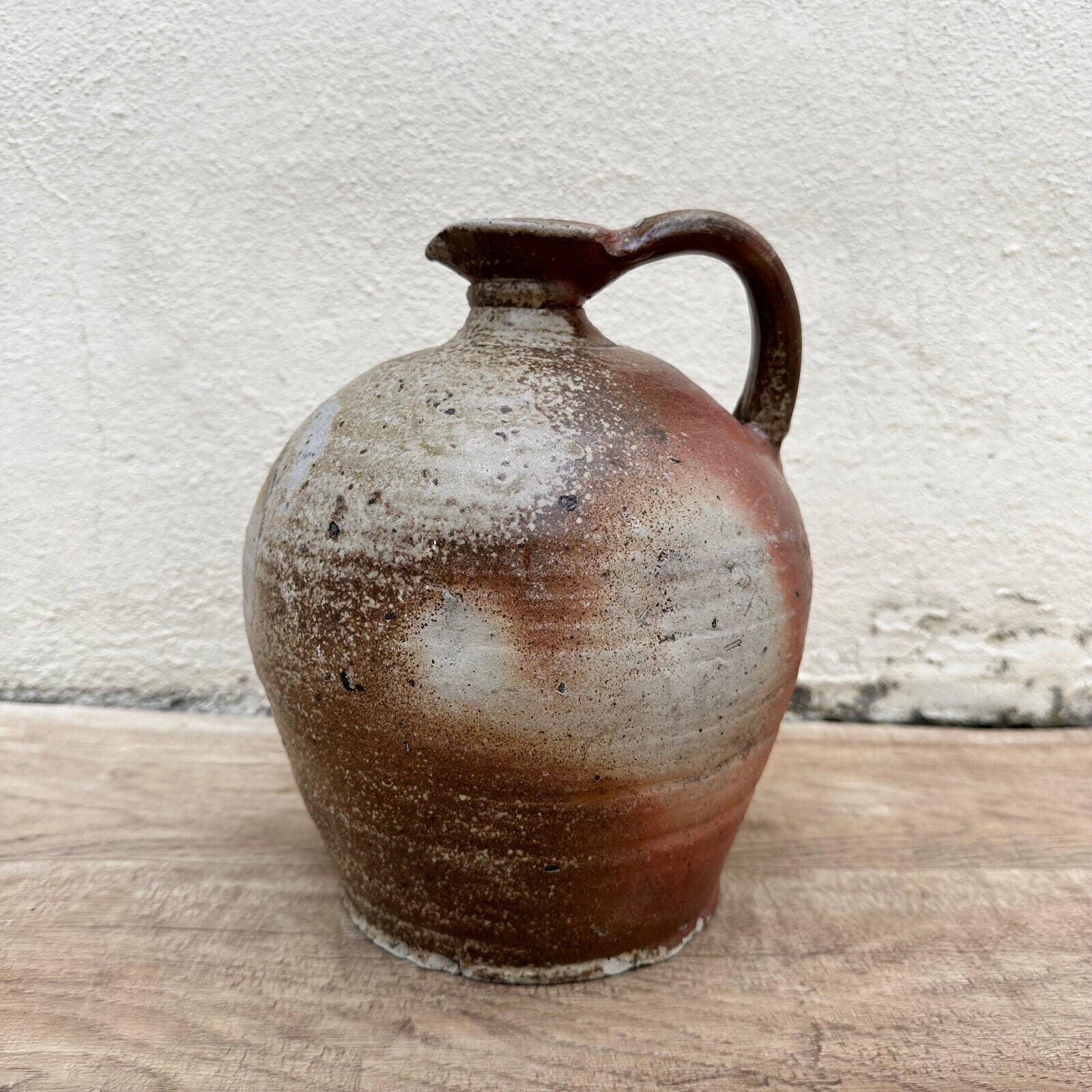 HANDMADE GLAZED BEIGE ANTIQUE FRENCH STONEWARE JUG PITCHER 1611234 - Fleamarketfrance