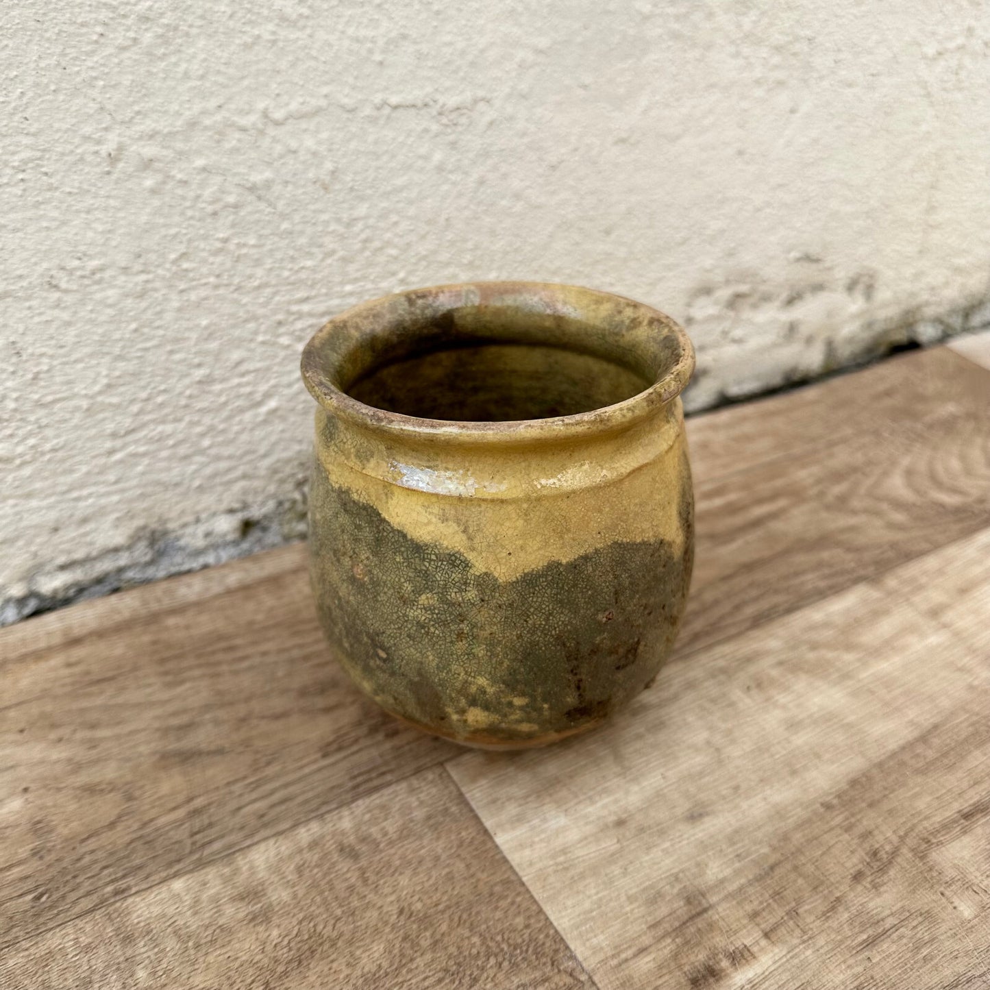 HANDMADE GLAZED YELLOW ANTIQUE FRENCH CONFIT POT SMALL STONEWARE 4 1/4" 1209241 Unmarked