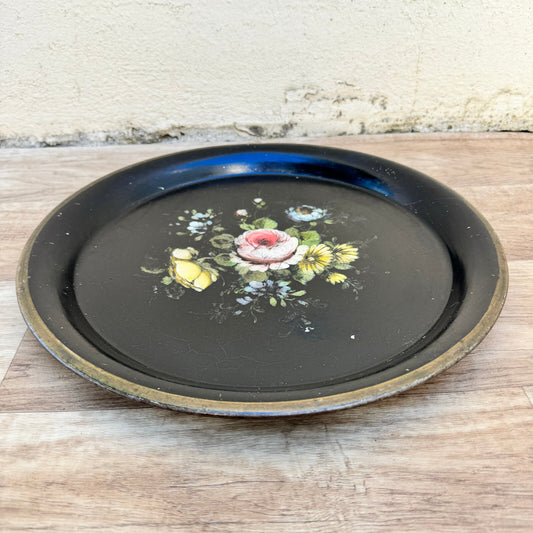 Vintage FRENCH NAPOLEON III PAINTED TOLE TRAY ROUND FLOWER MOTIF 1810231 Fleamarketfrance