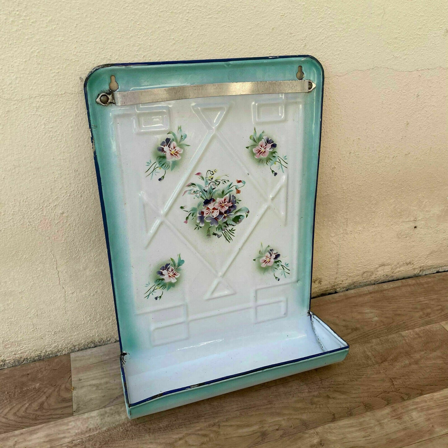 Vintage French Enamel Wall Holder Teal Floral Kitchen Utensil Rack 18042121 Fleamarketfrance
