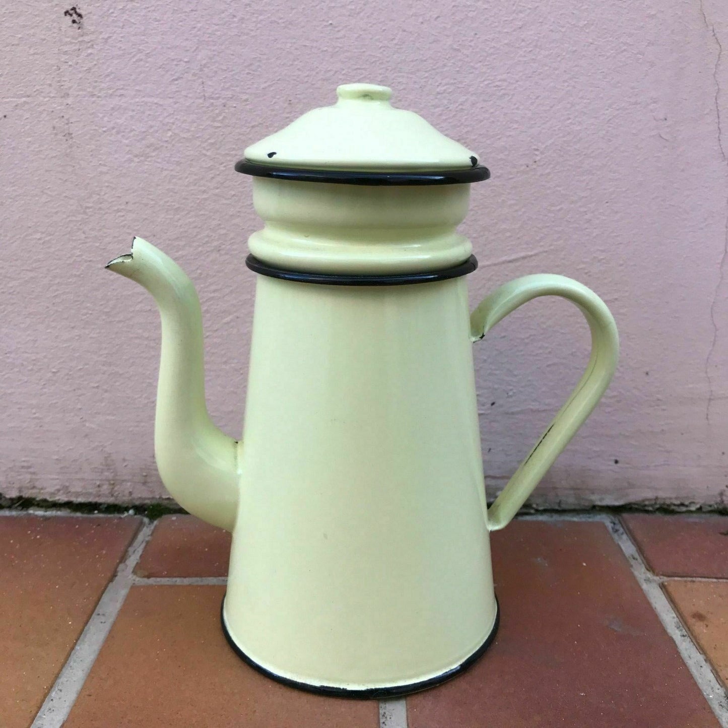 Vintage French Enamel Coffee Pot Green Yellow Black Trim Kitchenware 4 Fleamarketfrance