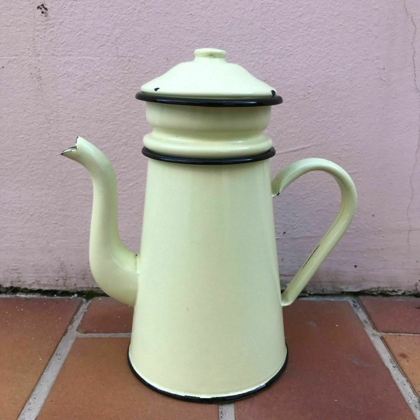 Vintage French Enamel Coffee Pot Green Yellow Black Trim Kitchenware 4 Fleamarketfrance