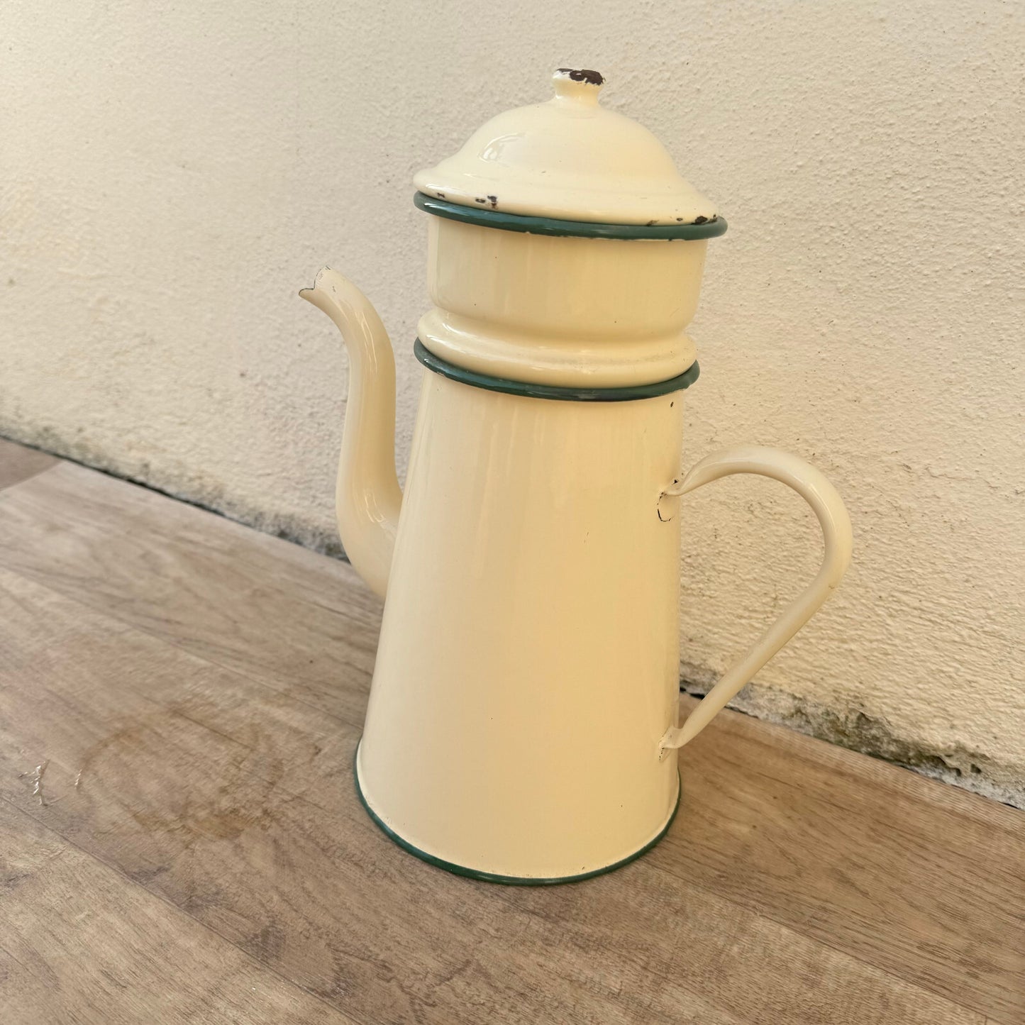 Vintage French Enamel Coffee Pot Beige Green Trim Enamelware Kitchen 0602249 Fleamarketfrance
