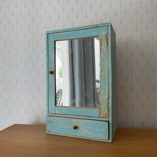 Vintage French Wall Wooden Blue Shelf Medecine Cabinet Farm Patina 0407257