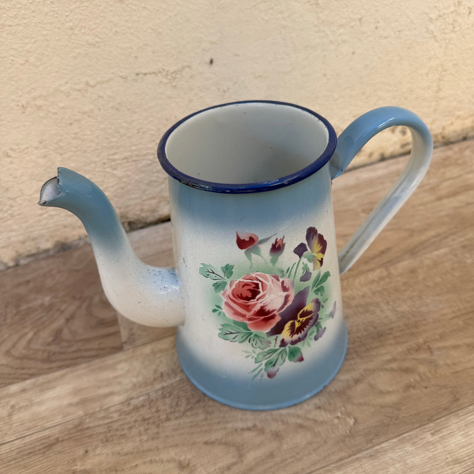 Vintage French Enamelware Coffee Pot Blue Floral Roses Pansies 2309243 Fleamarketfrance