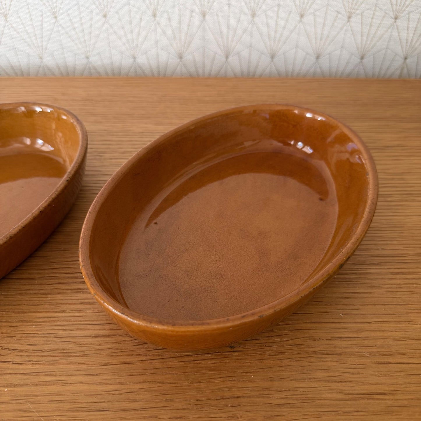 2 Vintage French Glazed Terracotta Gratin Dish Oval Rustic Pottery 1606267 Fleamarketfrance