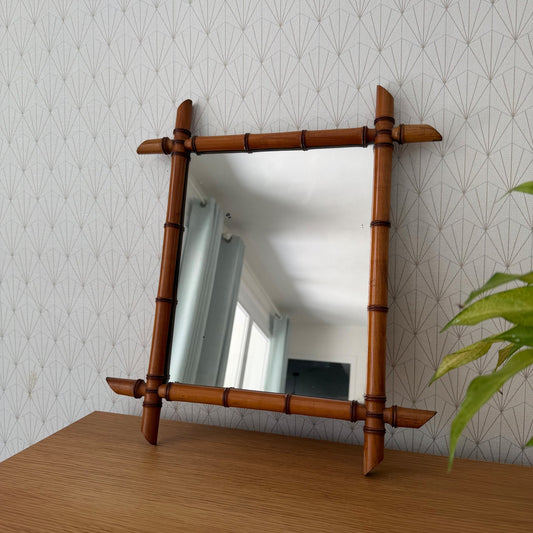 Vintage French Faux Bamboo Wall Mirror Wood Frame 1906262