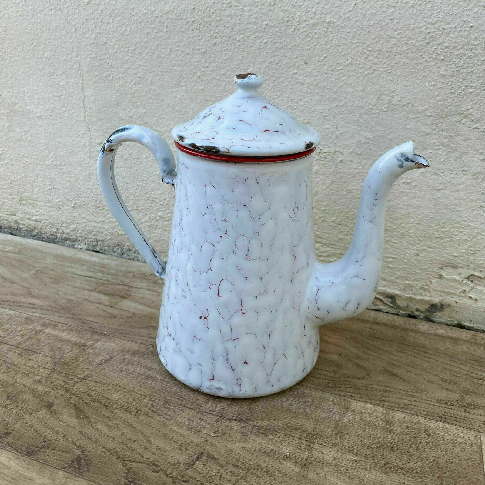 Vintage French Enamelware white marbled Enamel Coffee Pot 2706203 - Fleamarketfrance