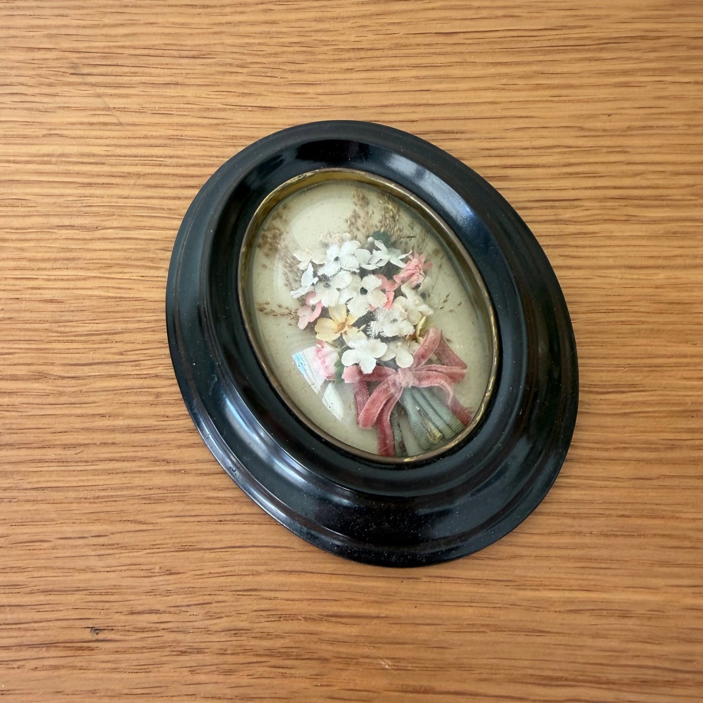Antique French Napoleon III Reliquary Black Wood Frame Fabric Flowers 2203262 Fleamarketfrance