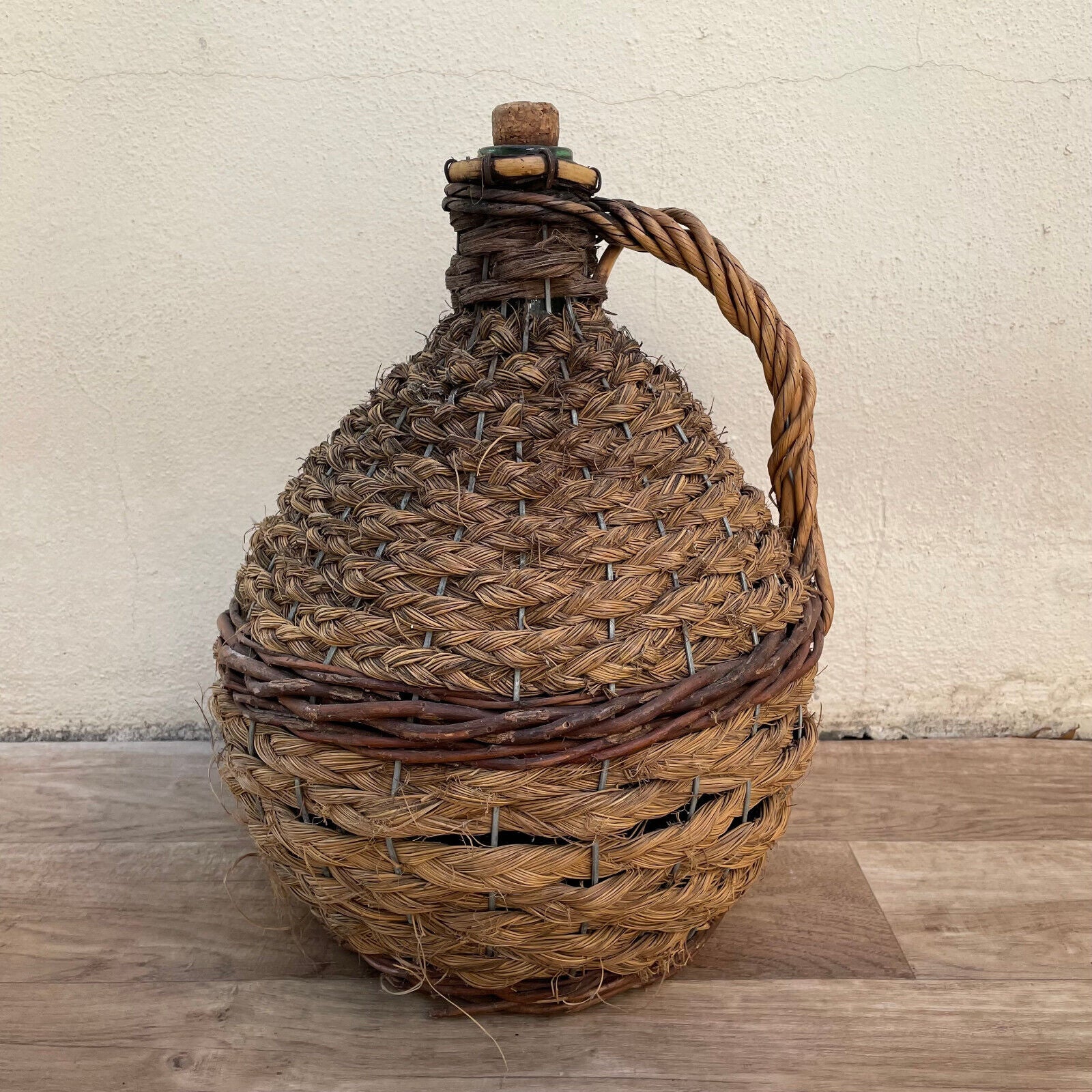 Old French Green Dame Jeanne Demi John Carboy Bottle bonbonne rattan 2710221 - Fleamarketfrance