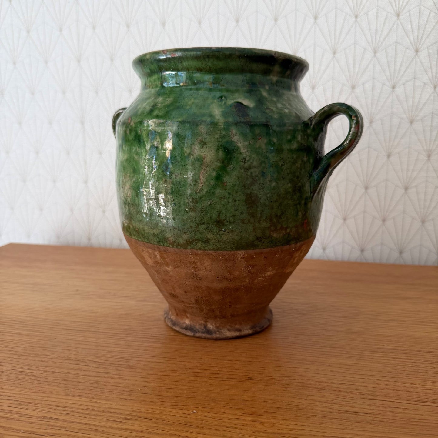Antique French Confit Pot Green Glazed Terra Cotta 2-Handle 1908268 Unmarked