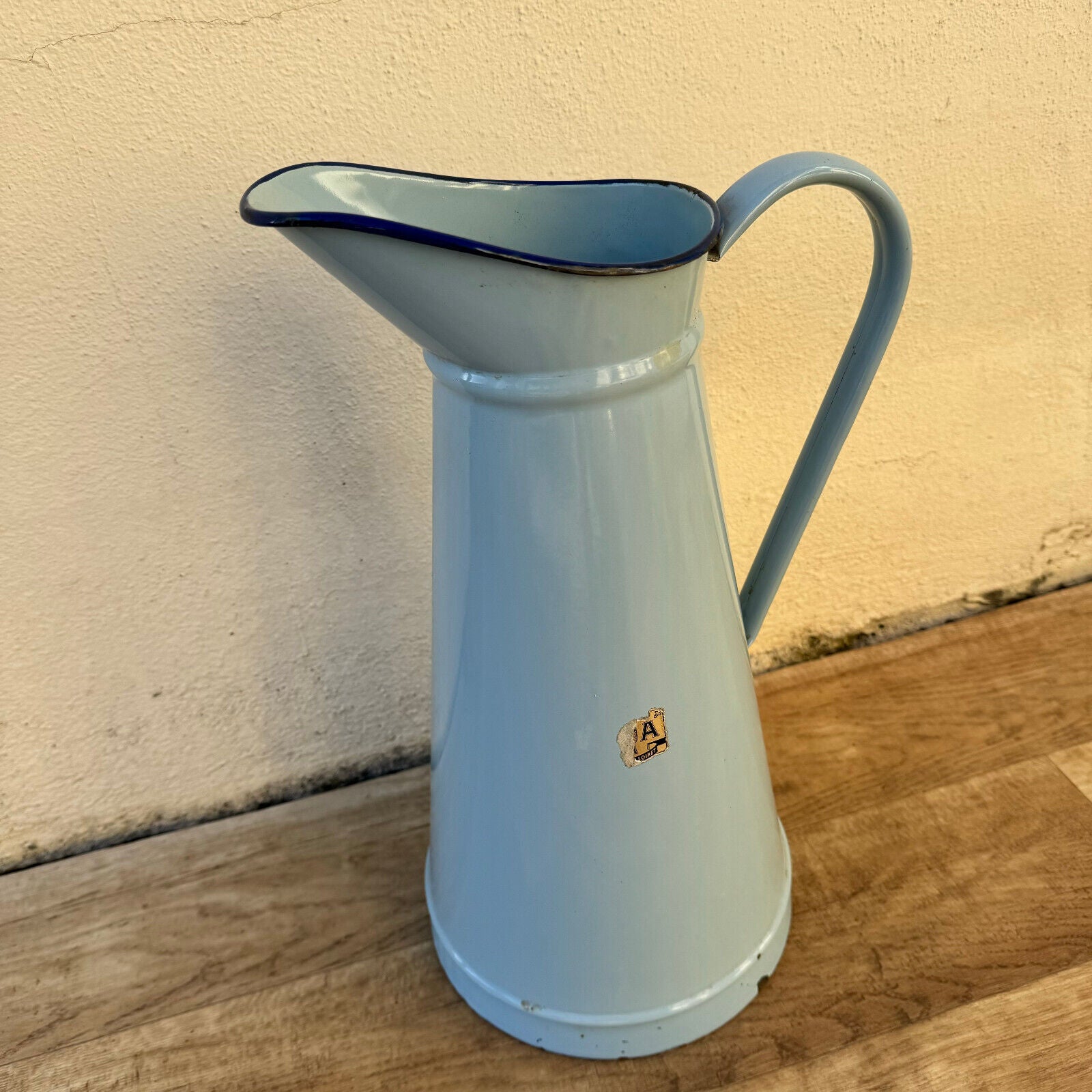 Vintage French Enamel Pitcher Jug Water Enameled Blue Grey 1302254 - Fleamarketfrance