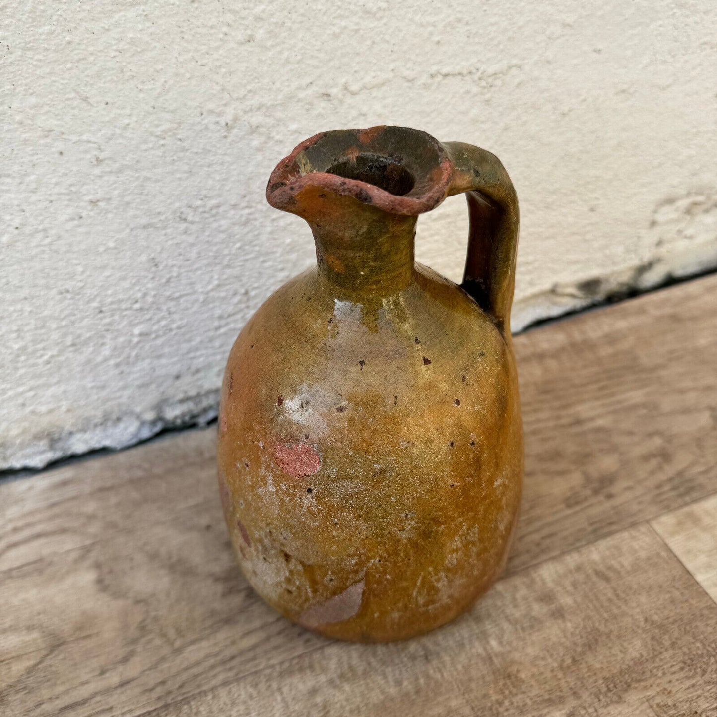 ANTIQUE HANDMADE GLAZED BEIGE BROWN FRENCH TERRA COTTA JUG PITCHER 06022415 - Fleamarketfrance