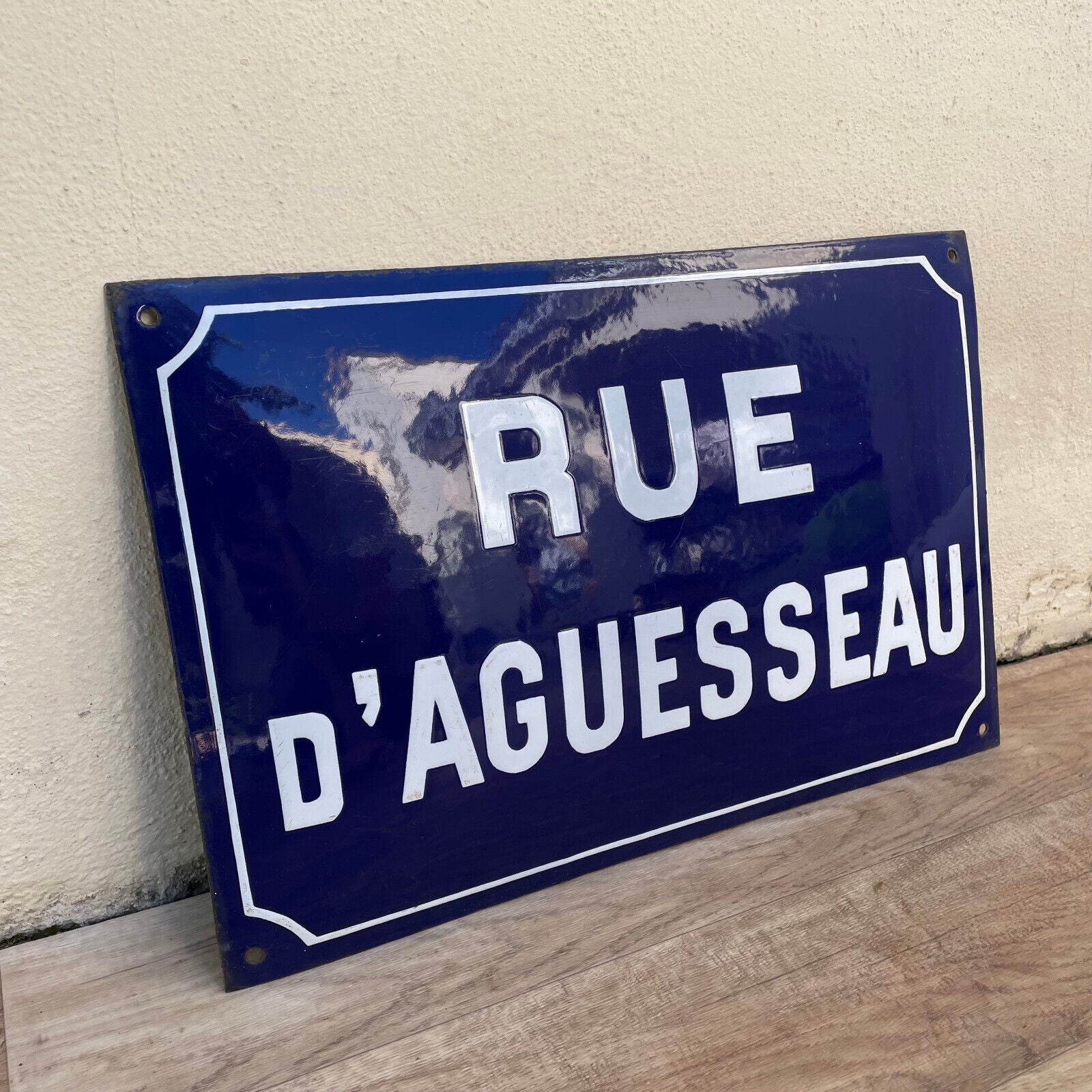 Old French Street Enameled Sign Plaque arched bombed - vintage AGUESSEAU 1501253 - Fleamarketfrance