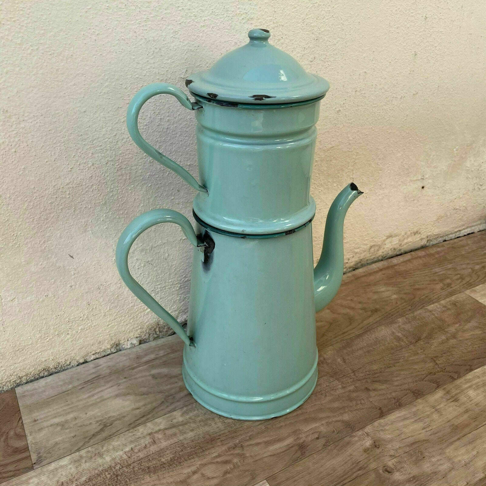 TALL Vintage French Enamelware Enameled green Enamel Coffee Pot 1804212 - Fleamarketfrance